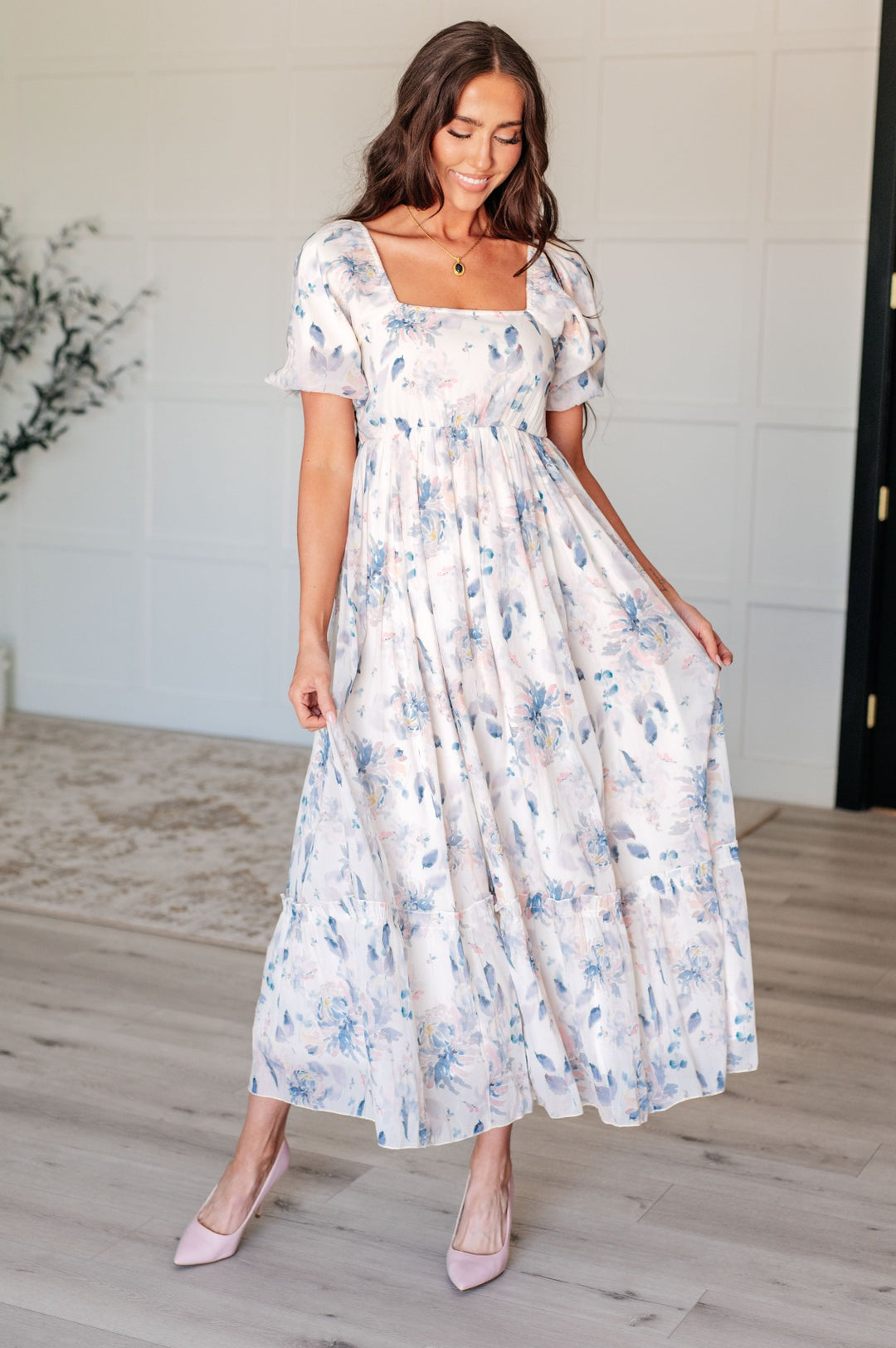 Ivory Short Sleeve - Blue Floral Maxi Dress - Inspired Eye Boutique