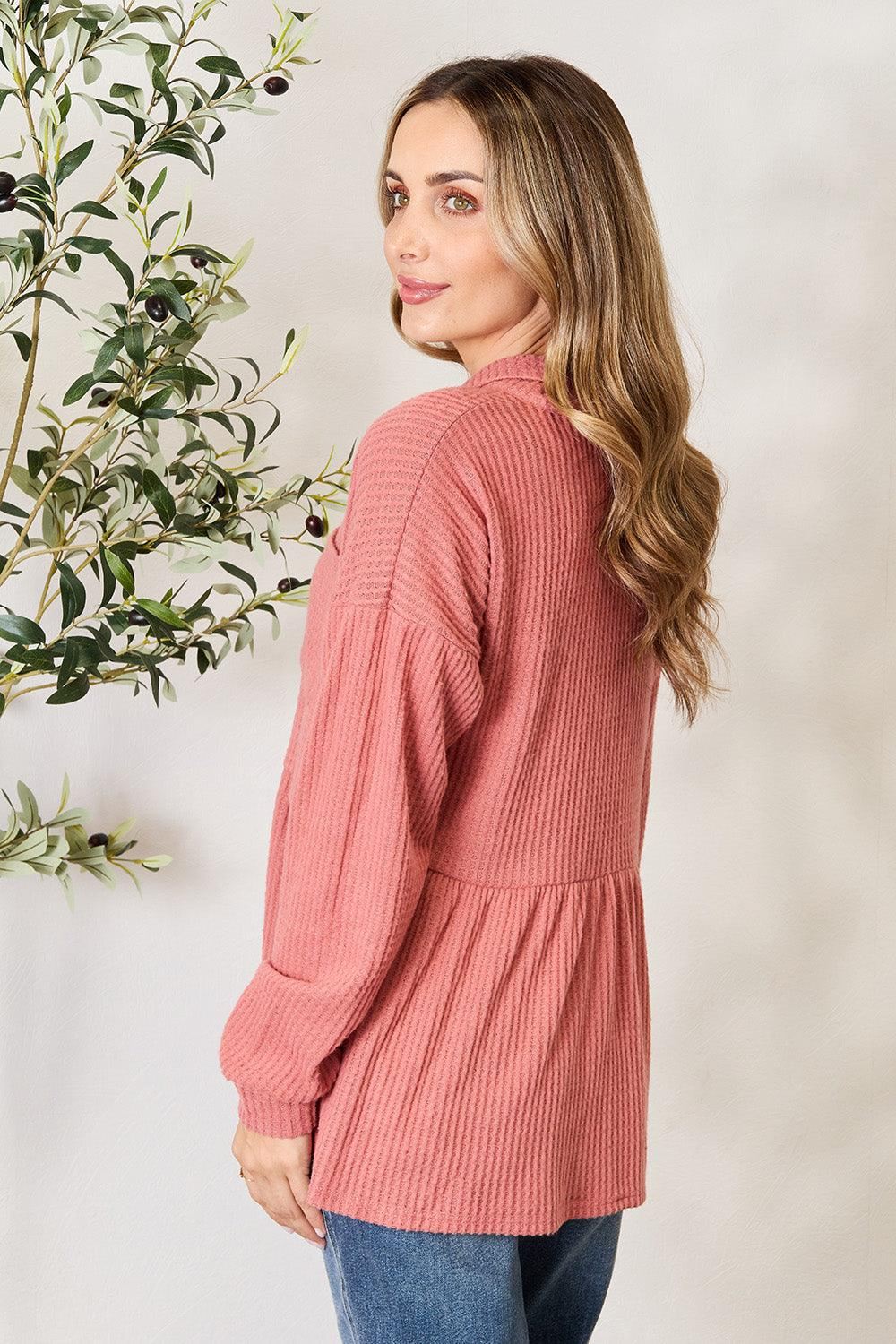 Waffle-Knit Button Down Top - Mauve - Inspired Eye Boutique