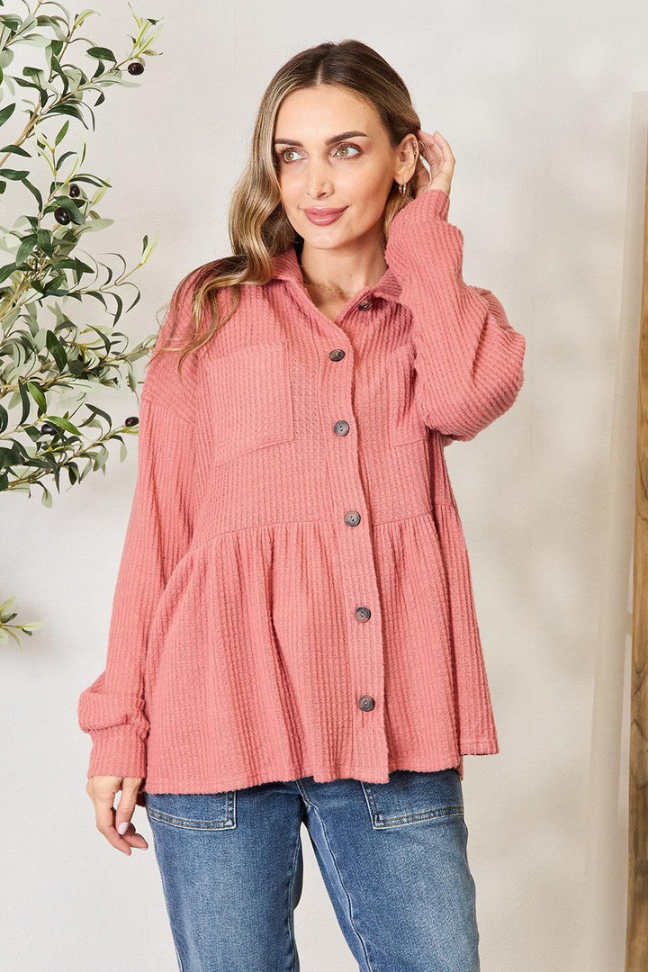 Waffle-Knit Button Down Top - Mauve - Inspired Eye Boutique