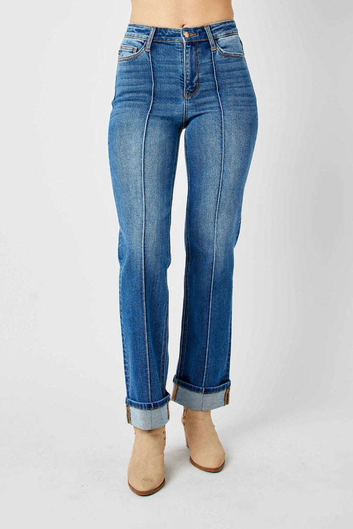 Judy Blue - Cuffed Straight Leg Jeans With Seam Detail - Inspired Eye Boutique