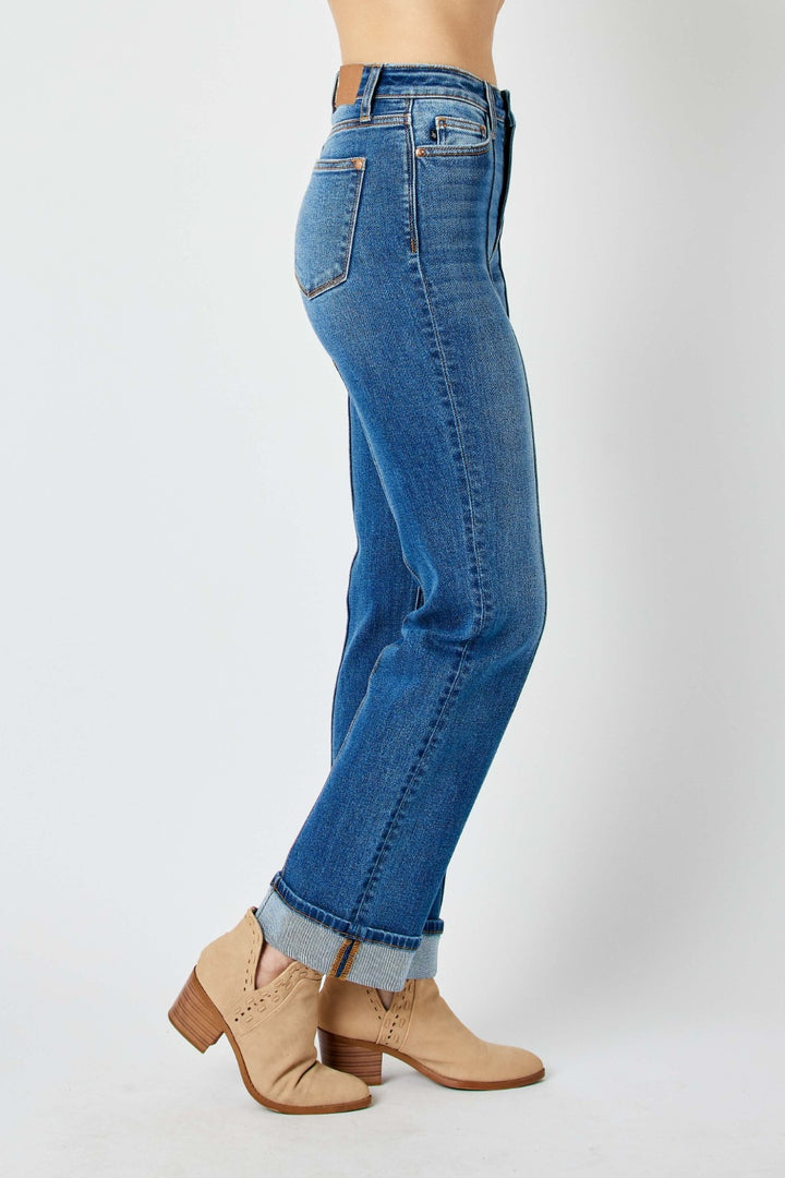 Judy Blue - Cuffed Straight Leg Jeans With Seam Detail - Inspired Eye Boutique