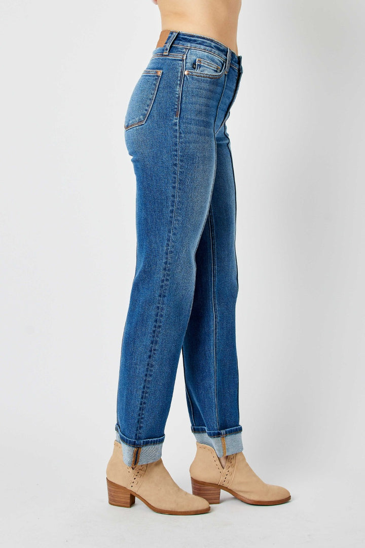 Judy Blue - Cuffed Straight Leg Jeans With Seam Detail - Inspired Eye Boutique