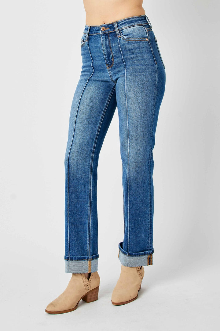 Judy Blue - Cuffed Straight Leg Jeans With Seam Detail - Inspired Eye Boutique