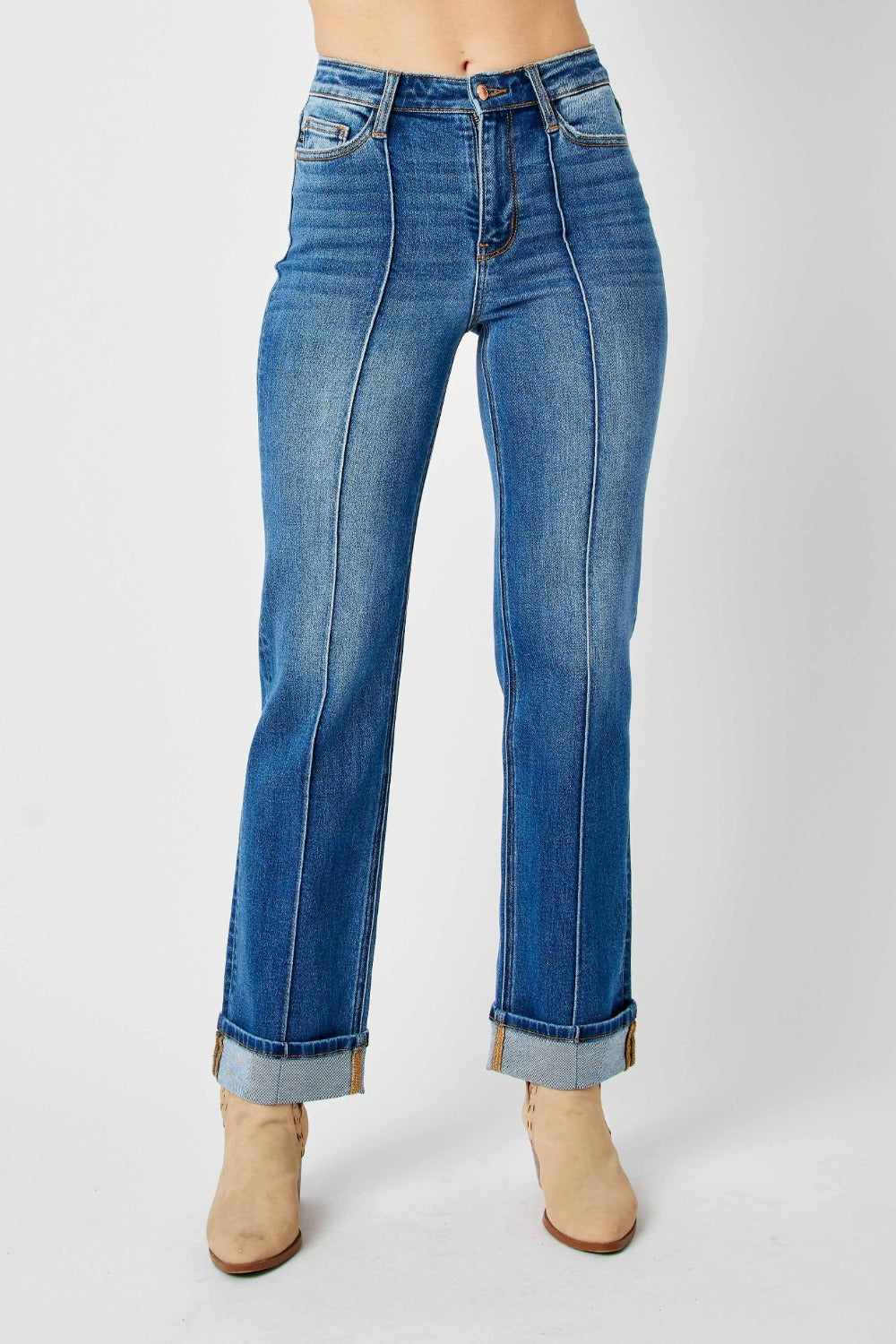 Judy Blue - Cuffed Straight Leg Jeans With Seam Detail - Inspired Eye Boutique