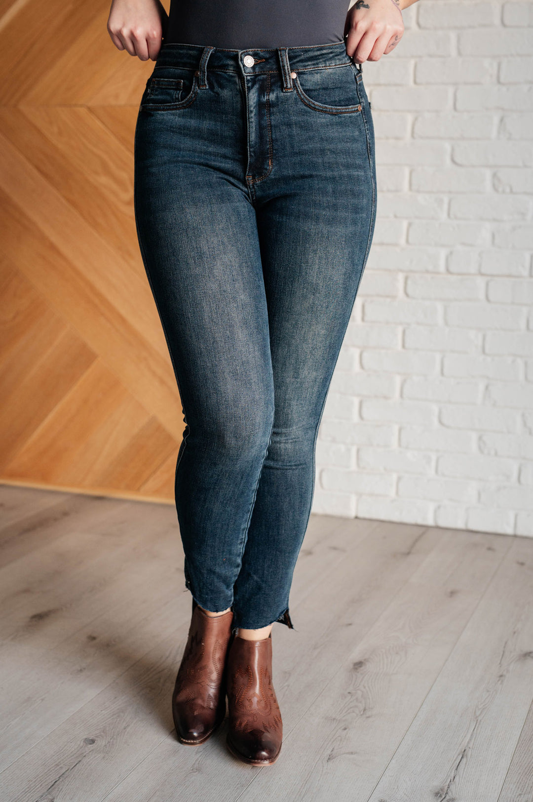 Judy Blue - Dark Wash Step Hem Skinny Jeans - Inspired Eye Boutique