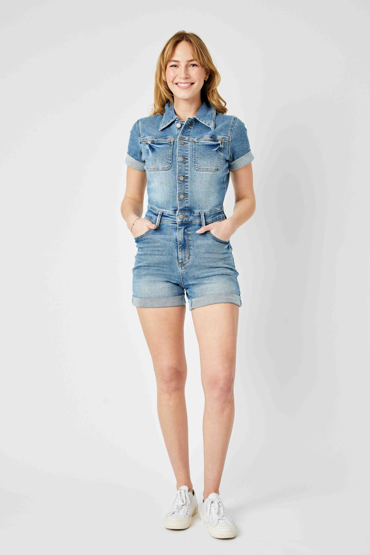 Judy Blue - Delia High Rise Short Sleeve Romper - Inspired Eye Boutique