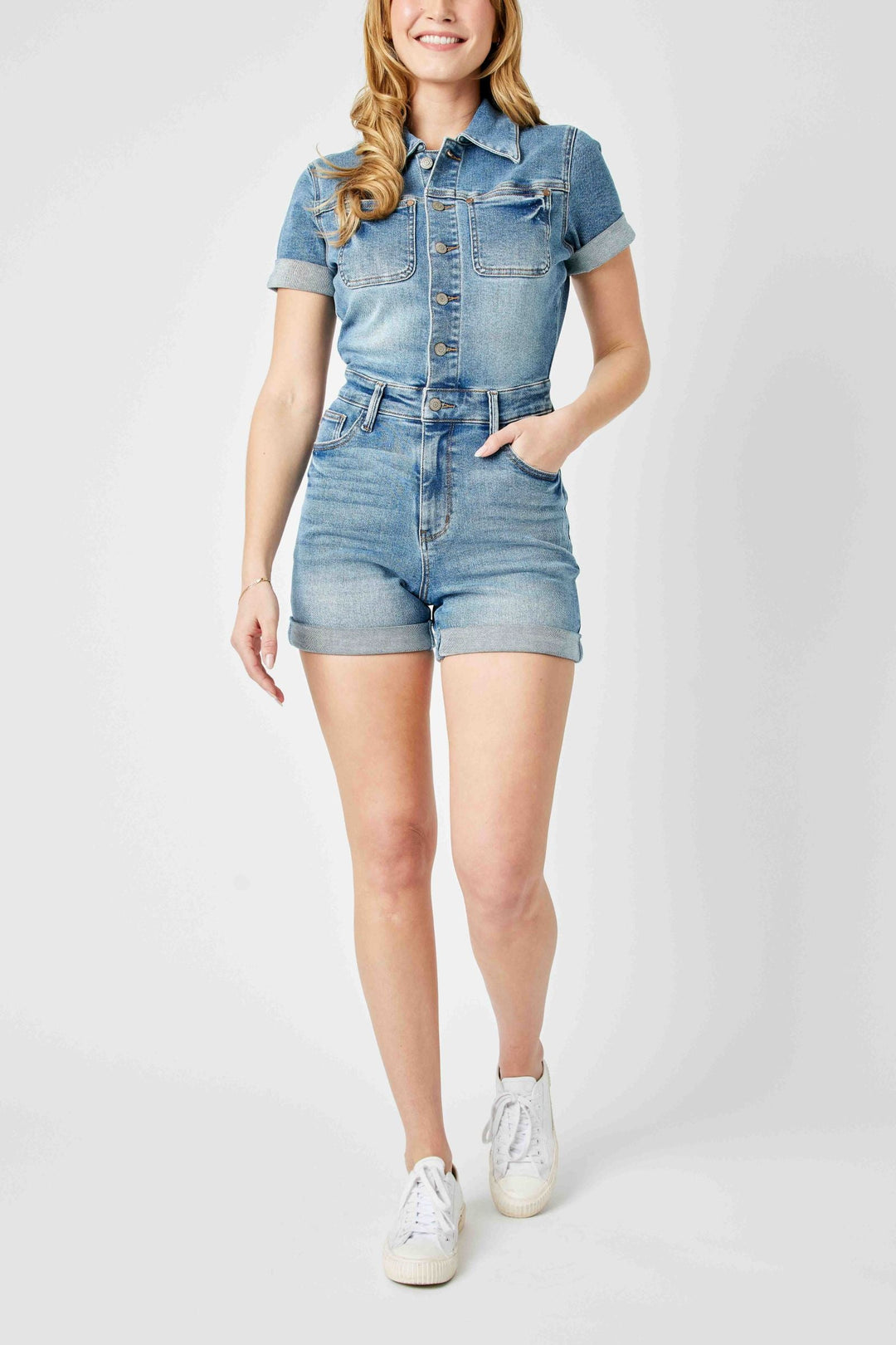 Judy Blue - Delia High Rise Short Sleeve Romper - Inspired Eye Boutique