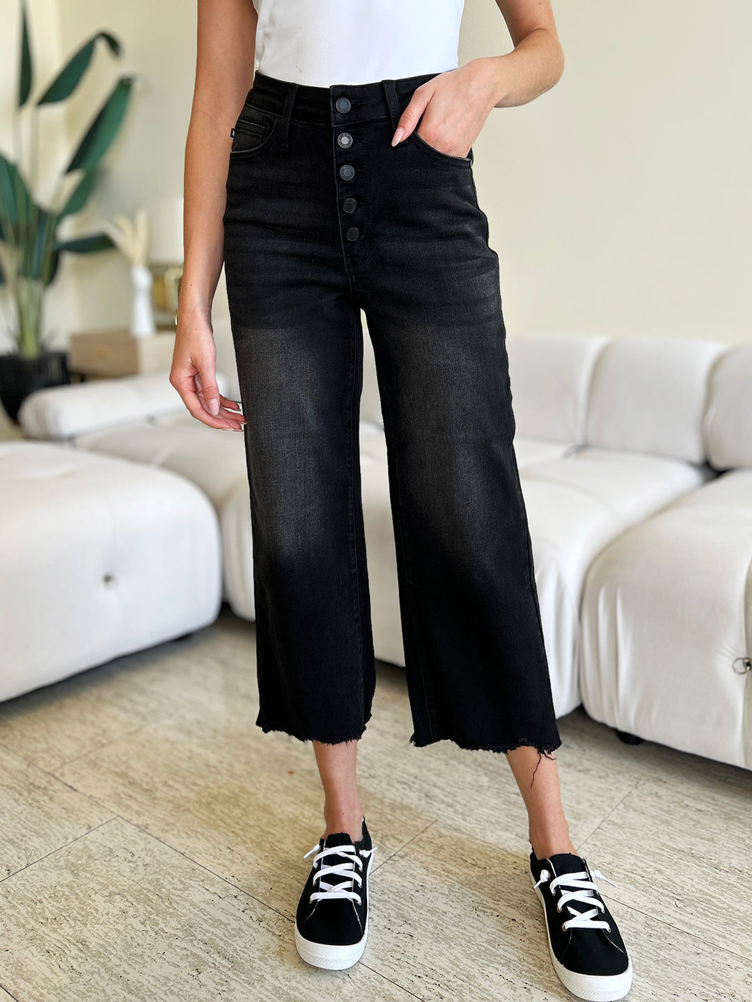Judy Blue - High-Rise Black Button Fly Cropped Jeans - Inspired Eye Boutique