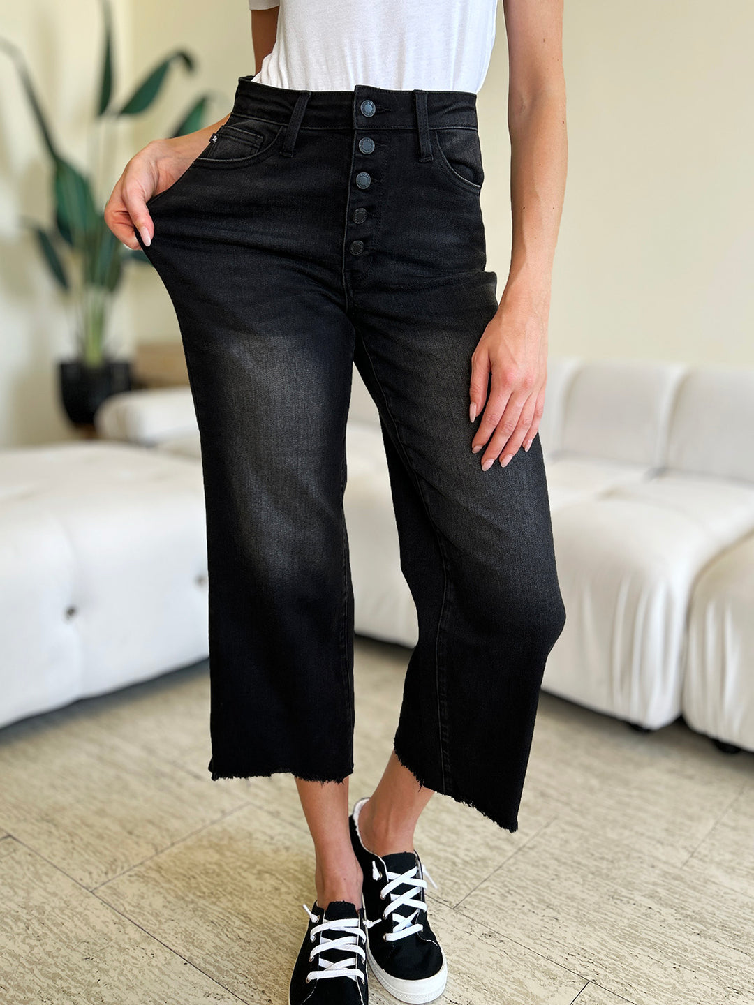 Judy Blue - High-Rise Black Button Fly Cropped Jeans - Inspired Eye Boutique