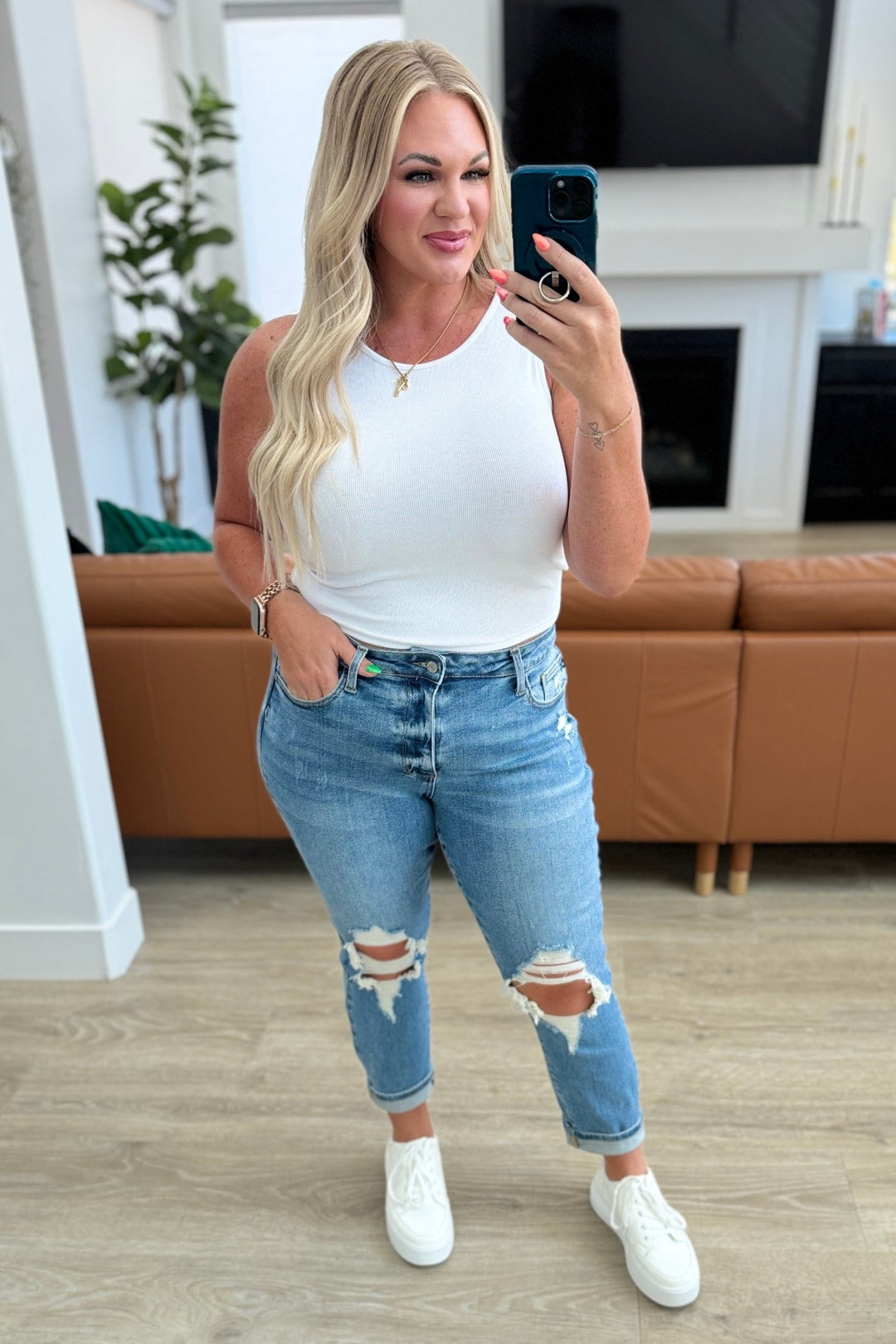 Judy Blue - High Waist Distressed Boyfriend Jeans - Inspired Eye Boutique