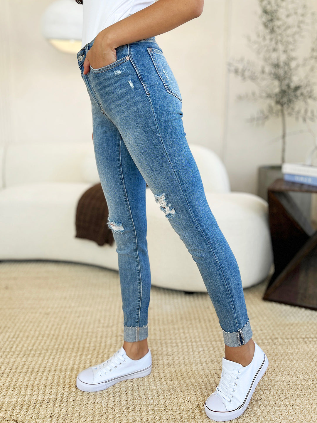 Judy Blue Mid Rise Cuffed Skinny Jeans - Inspired Eye Boutique