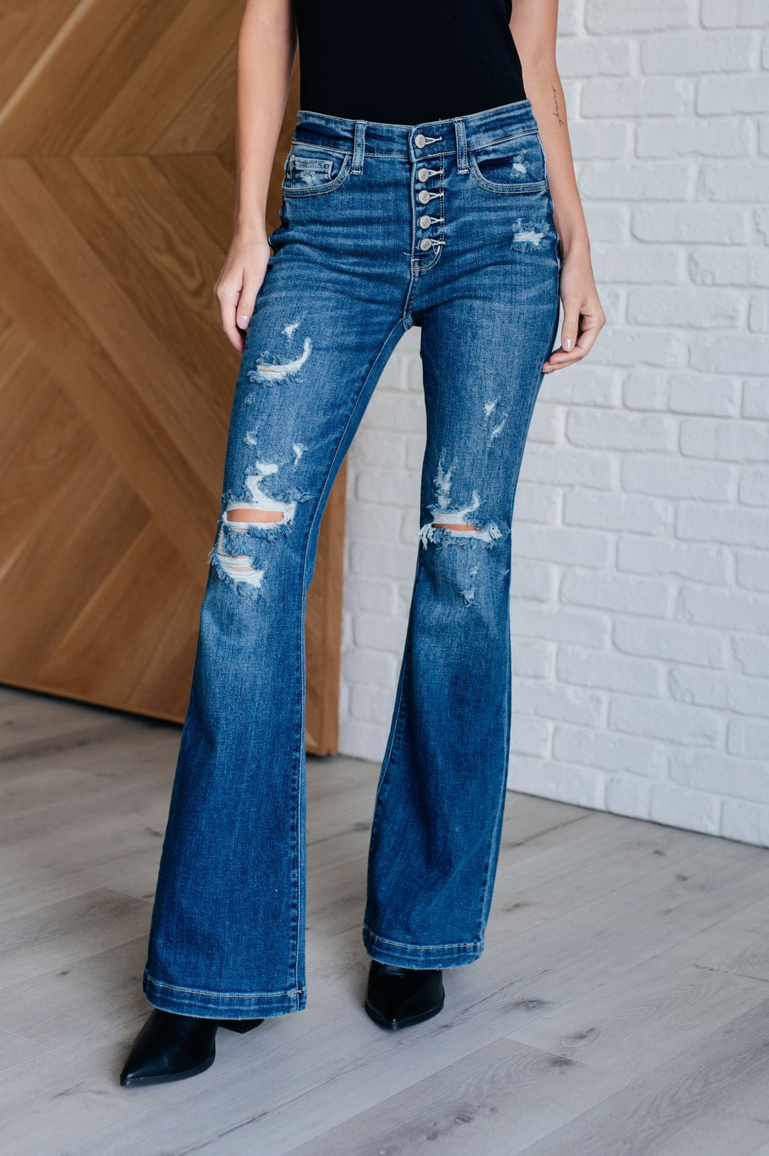 Judy Blue - Mid Rise Distressed Button Fly Flare Jeans - Inspired Eye Boutique