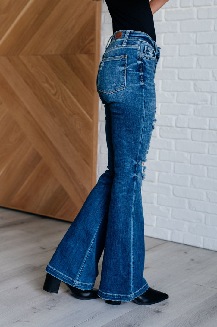 Judy Blue - Mid Rise Distressed Button Fly Flare Jeans - Inspired Eye Boutique