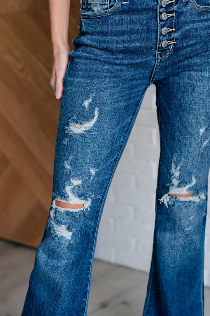 Judy Blue - Mid Rise Distressed Button Fly Flare Jeans - Inspired Eye Boutique