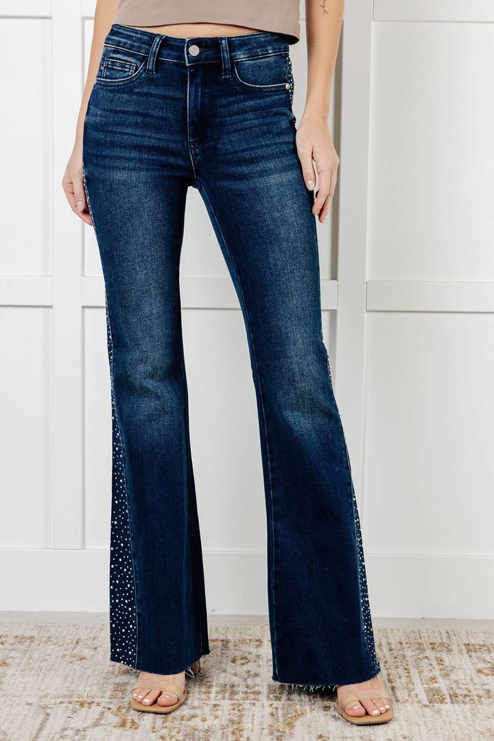 Judy Blue - Mid Rise Rhinestone Detail Flare Jeans - Inspired Eye Boutique