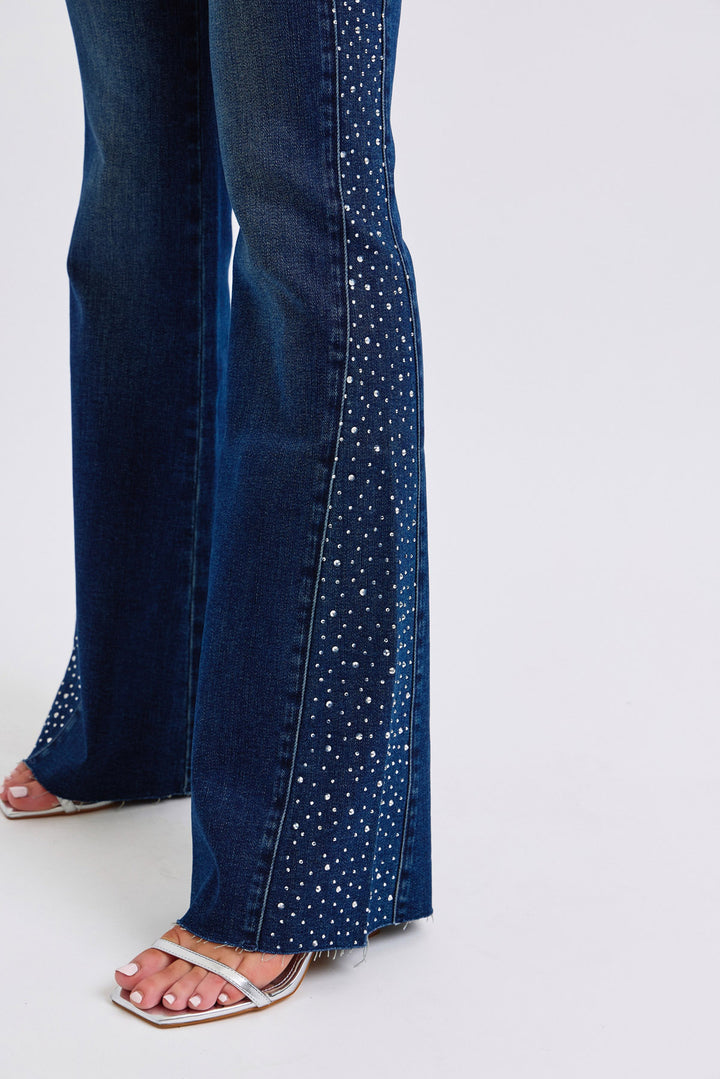 Judy Blue - Mid Rise Rhinestone Detail Flare Jeans - Inspired Eye Boutique