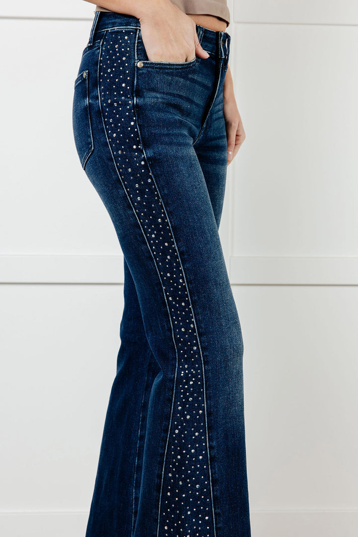 Judy Blue - Mid Rise Rhinestone Detail Flare Jeans - Inspired Eye Boutique