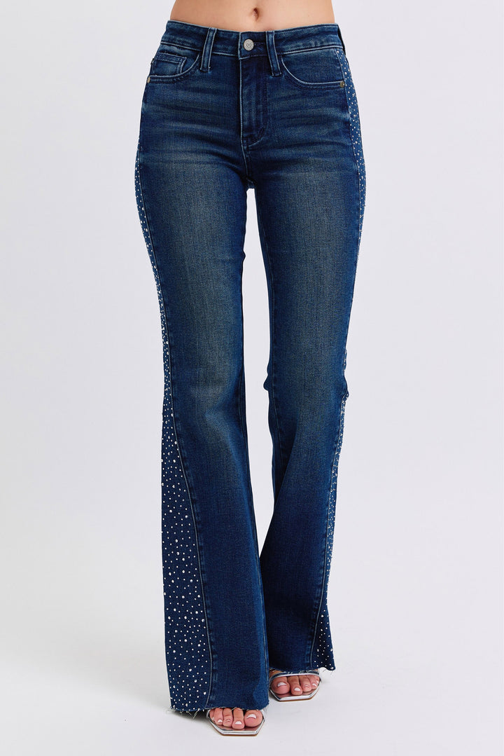 Judy Blue - Mid Rise Rhinestone Detail Flare Jeans - Inspired Eye Boutique