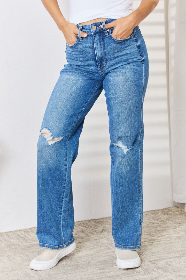 Judy Blue Straight-Leg Distressed Jeans - Inspired Eye Boutique