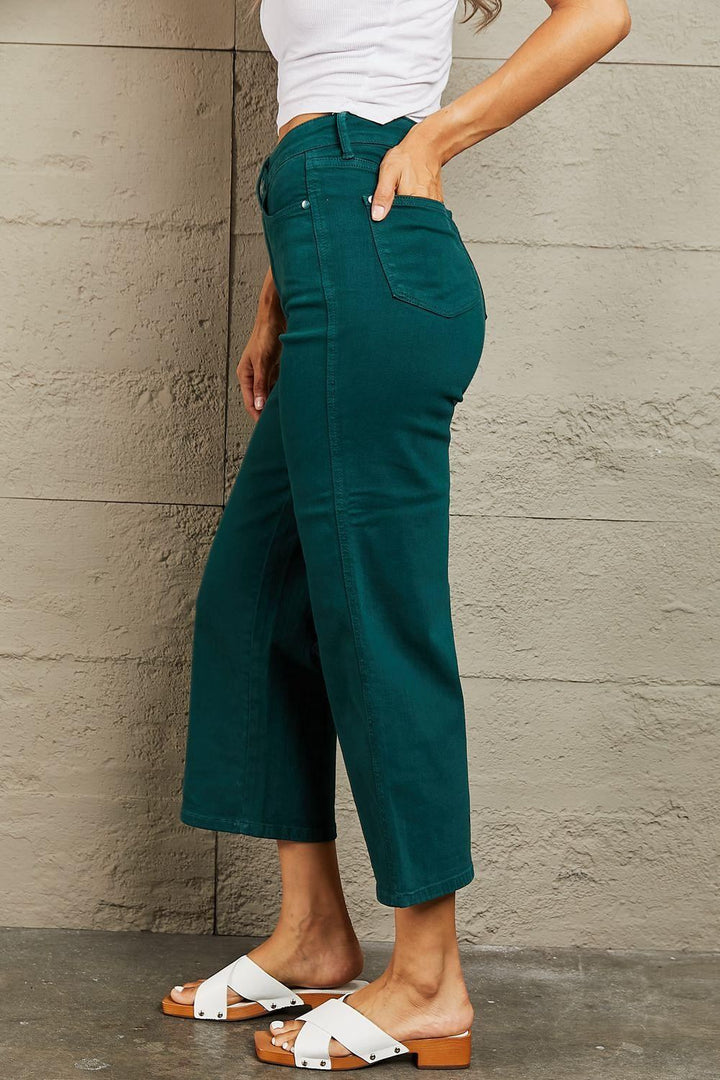 Judy Blue Teal Tummy Control Wide Leg Cropped Jeans - Inspired Eye Boutique