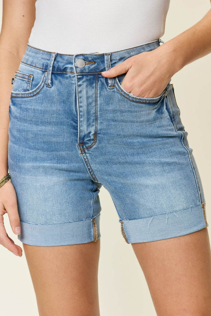 Judy Blue Tummy Control Shorts - Cuffed Hem - Medium Wash - Inspired Eye Boutique