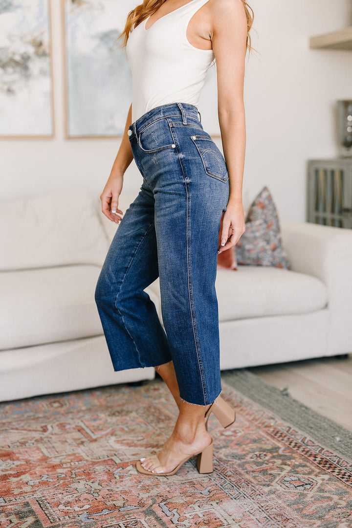 Judy Blue Wide Leg Crop Jeans - High Rise - Raw Hem - Inspired Eye Boutique