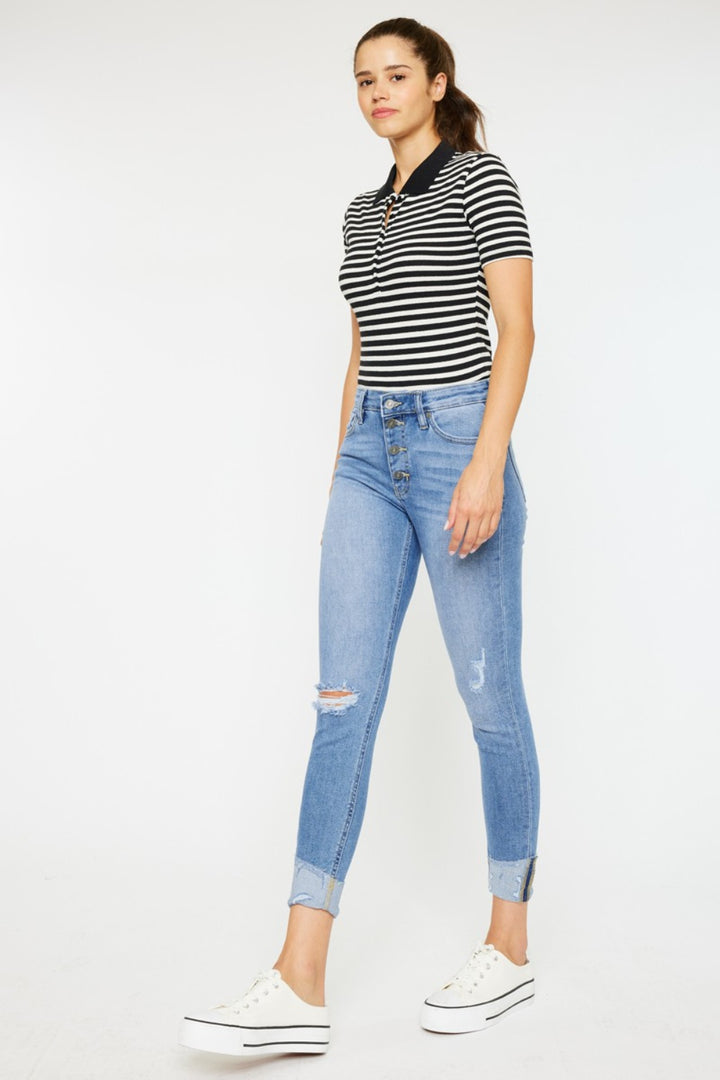 KanCan - Button Fly Distressed Skinny Jeans - Inspired Eye Boutique