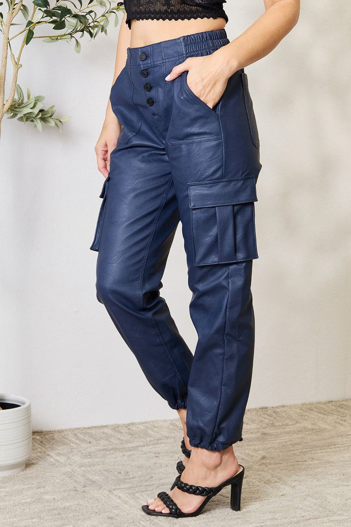 Kancan - Faux Leather Cargo Joggers - Navy - Inspired Eye Boutique