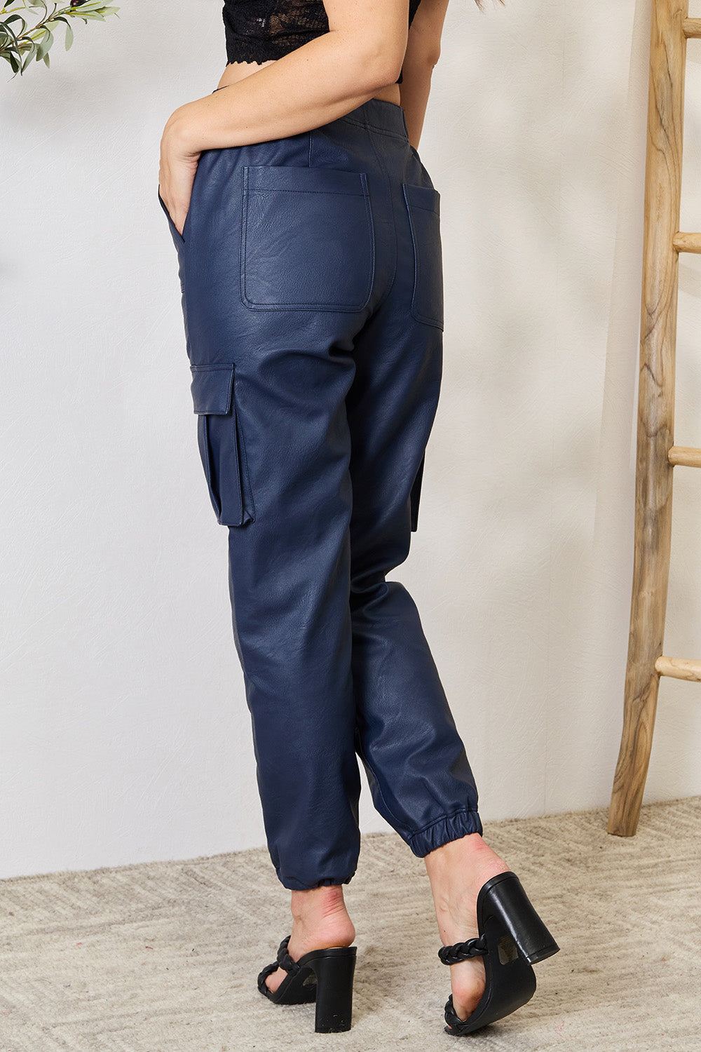 Kancan - Faux Leather Cargo Joggers - Navy - Inspired Eye Boutique