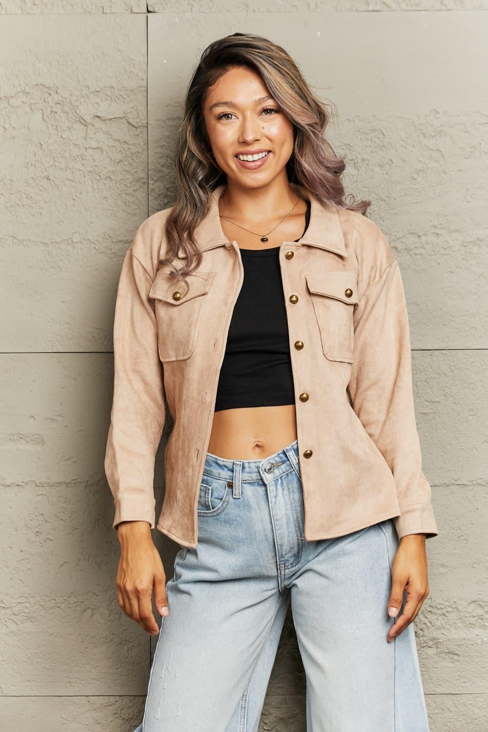 Faux Suede Khaki Button-Up Jacket - Inspired Eye Boutique