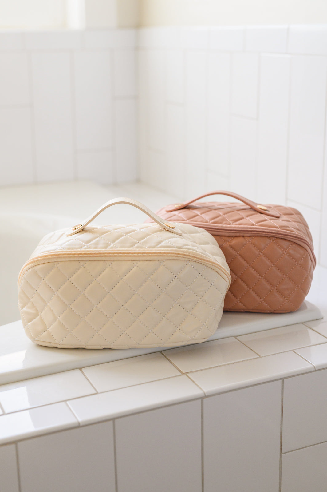 Large Quilted Makeup Bag - Cream - Inspired Eye Boutique