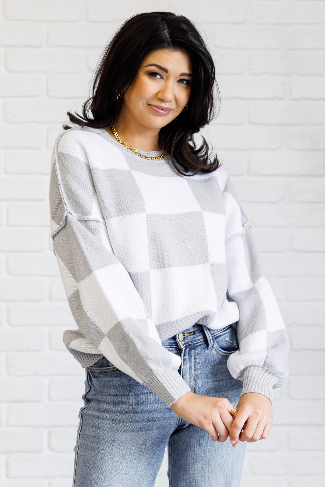 Long Sleeve Checkered Sweater - Gray - Inspired Eye Boutique