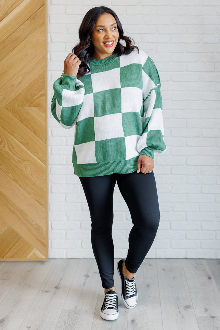 Long Sleeve Checkered Sweater - Green - Inspired Eye Boutique