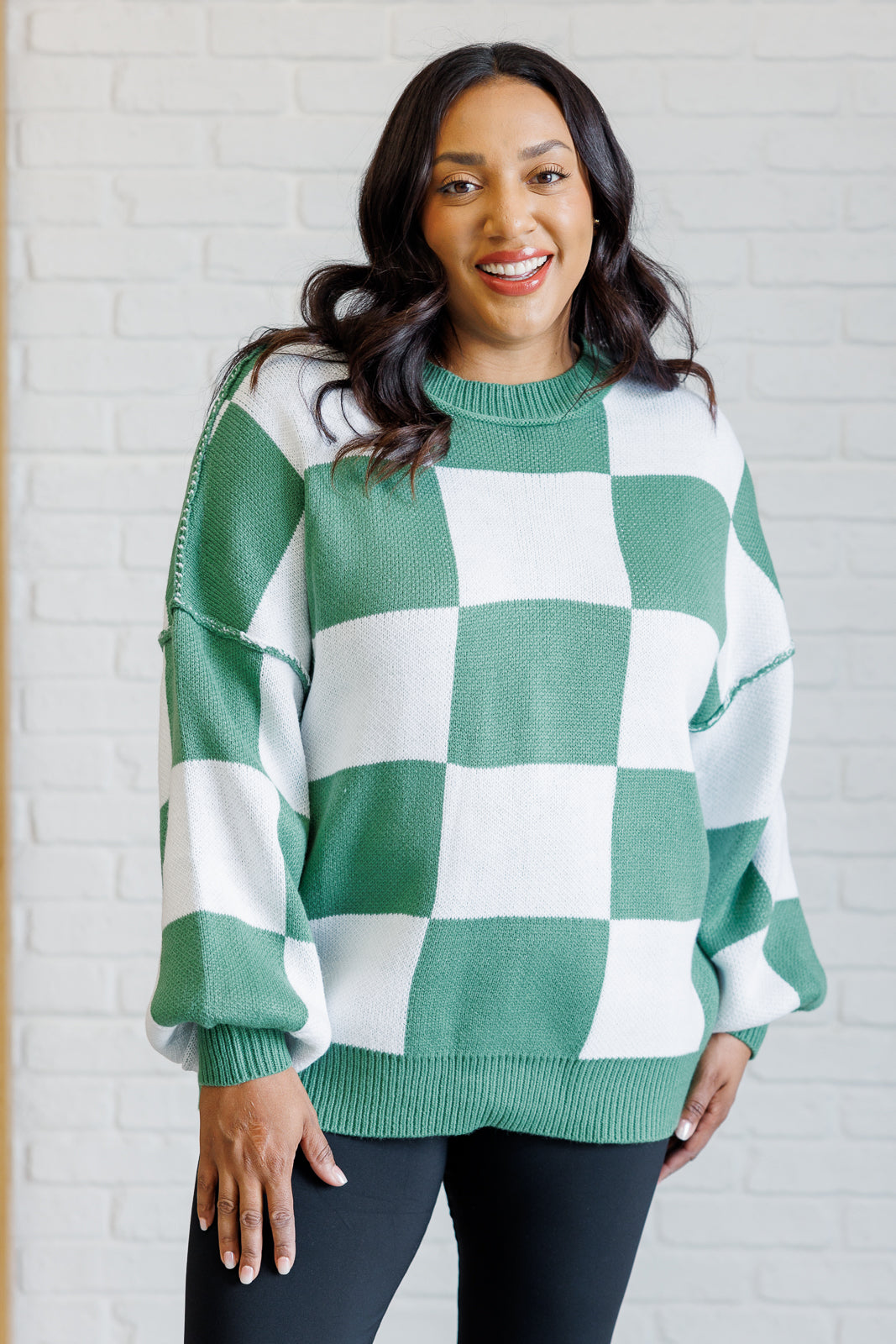 Long Sleeve Checkered Sweater - Green - Inspired Eye Boutique