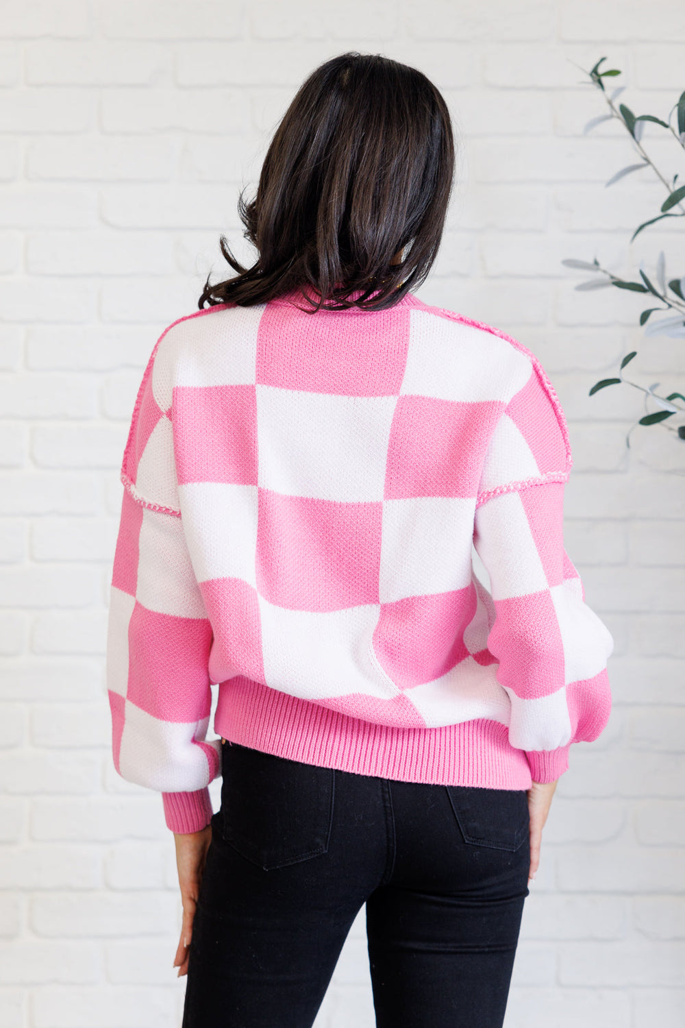 Long Sleeve Checkered Sweater - Pink - Inspired Eye Boutique