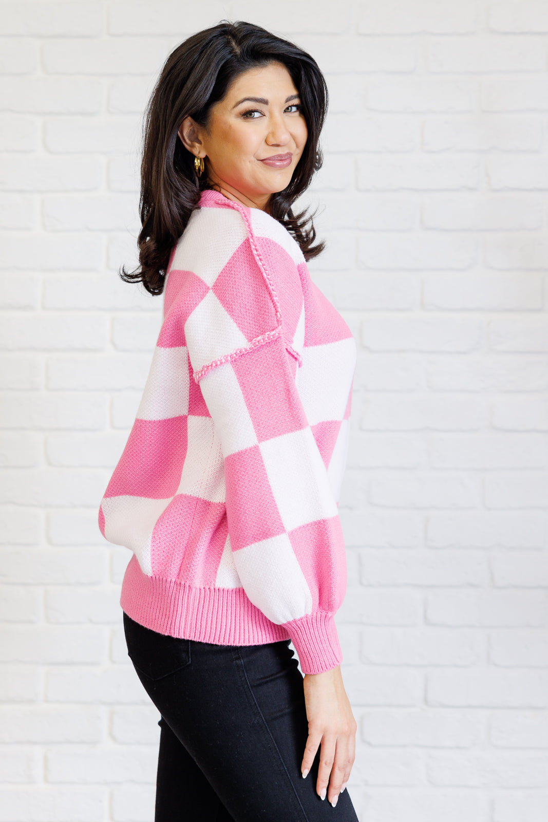 Long Sleeve Checkered Sweater - Pink - Inspired Eye Boutique