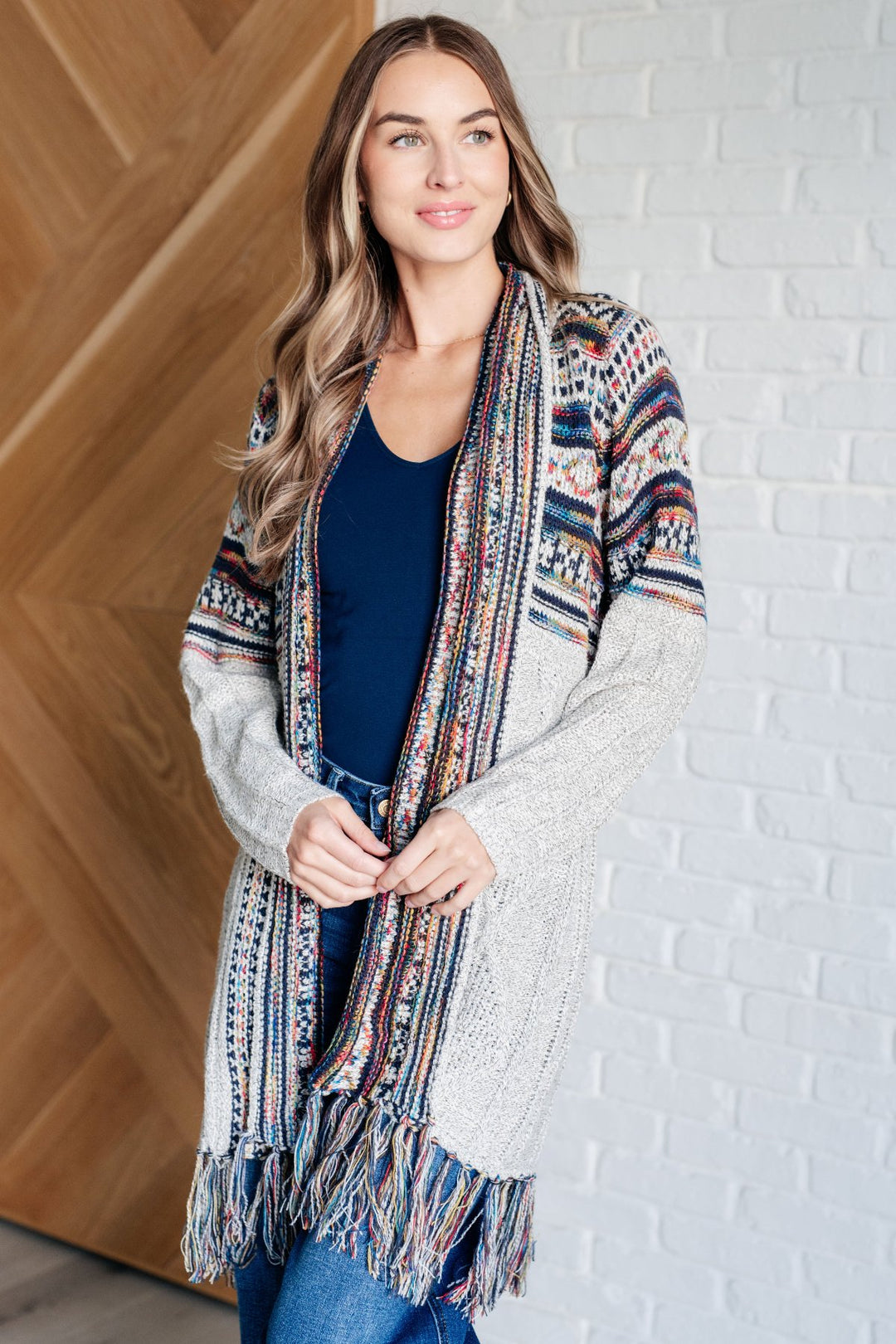 Long Sleeve Fringe Trim Cardigan Sweater - Inspired Eye Boutique