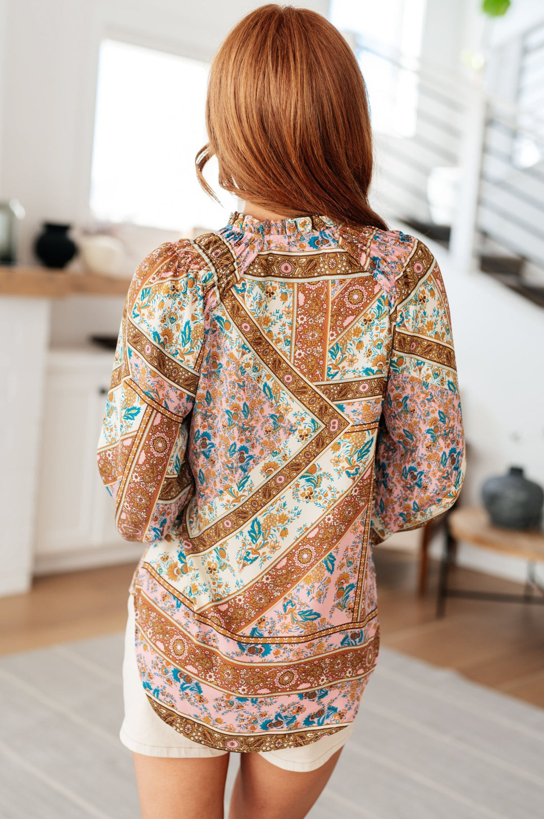 Long Sleeve Mixed Print Peasant Blouse - Inspired Eye Boutique