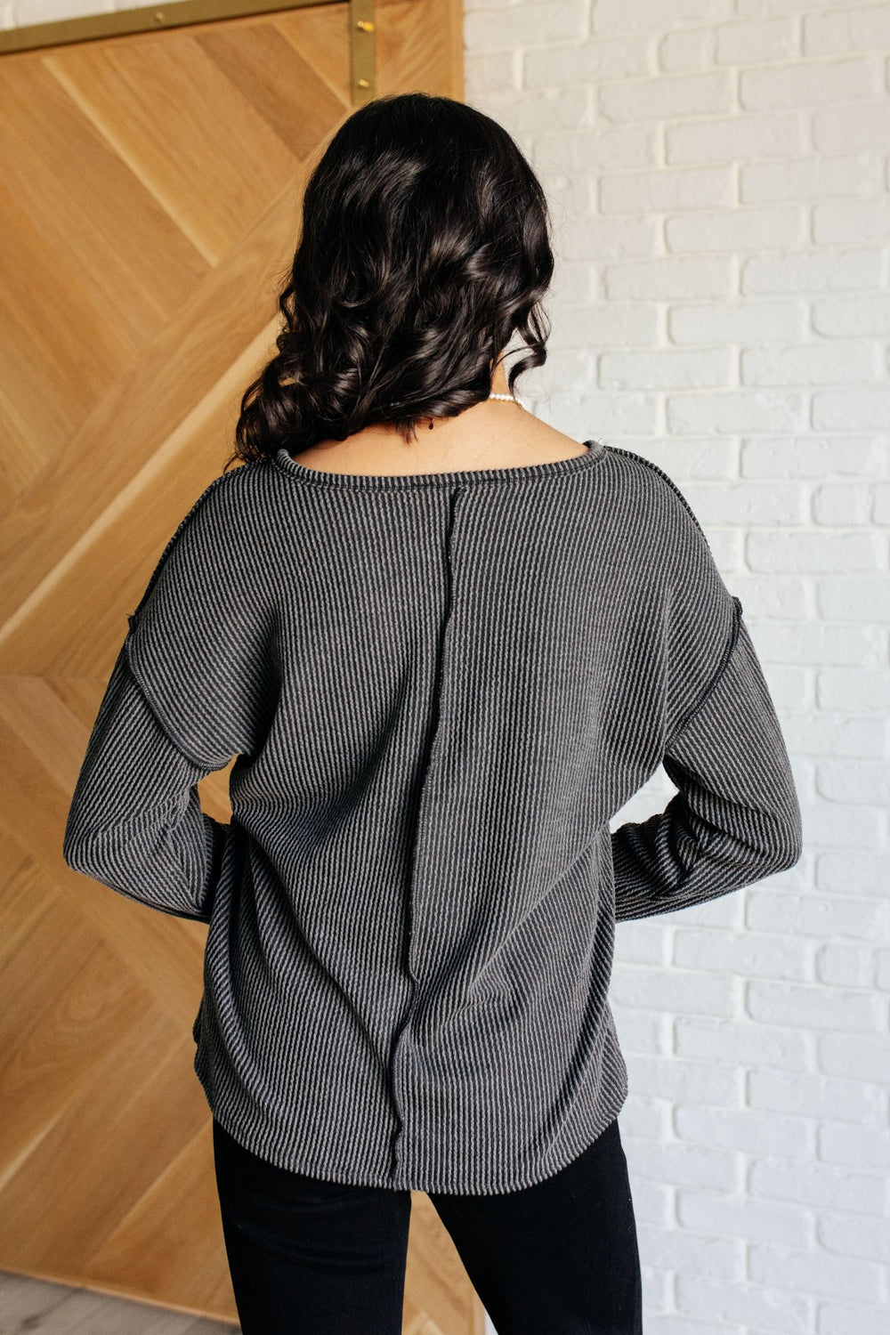 Long Sleeve Ribbed Knit Top - Charcoal - Inspired Eye Boutique