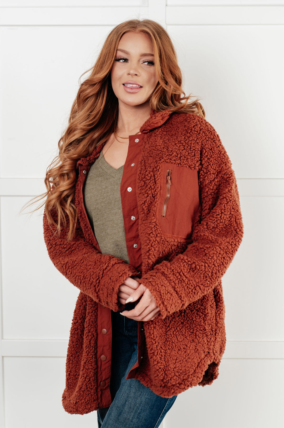 Long Sleeve Sherpa Jacket - Rust - Inspired Eye Boutique