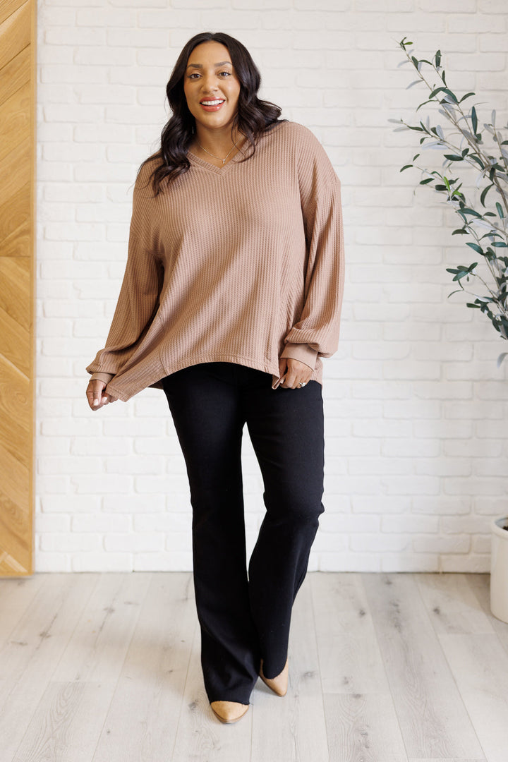 Long Sleeve V-Neck Waffle Top - Brown - Inspired Eye Boutique