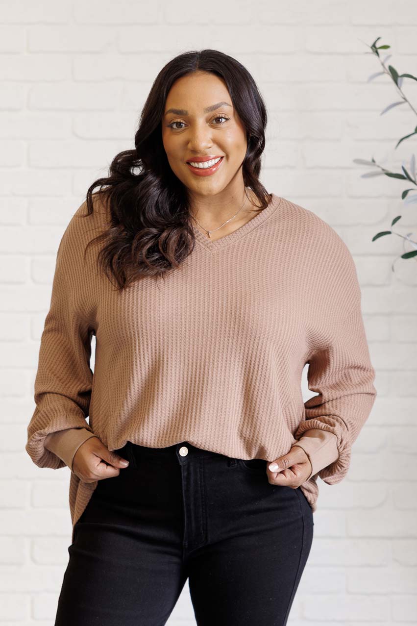 Long Sleeve V-Neck Waffle Top - Brown - Inspired Eye Boutique