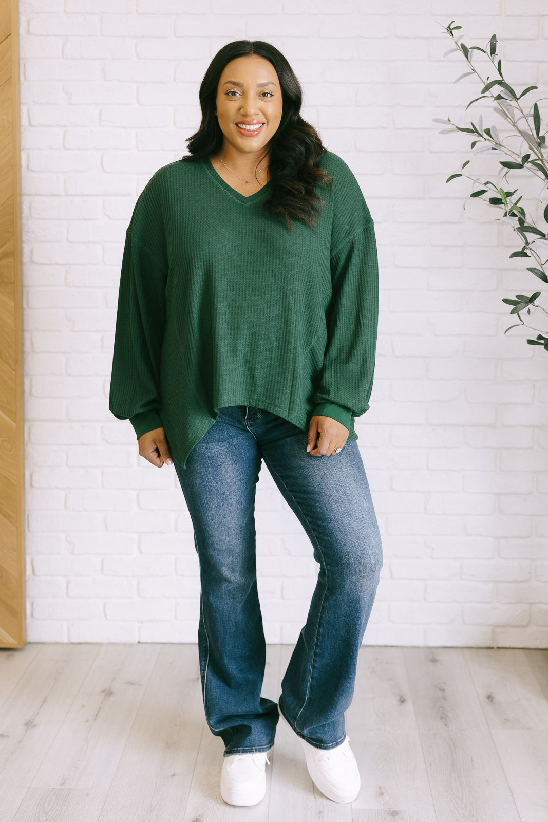 Long Sleeve V-Neck Waffle Top - Green - Inspired Eye Boutique