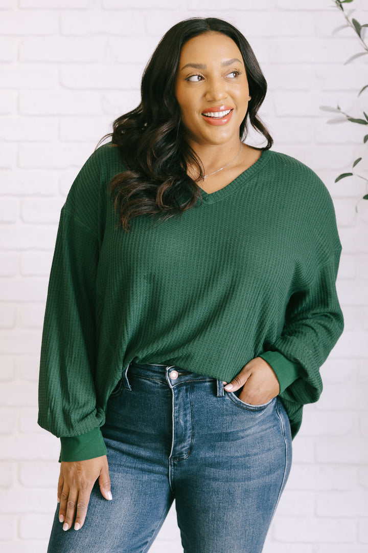 Long Sleeve V-Neck Waffle Top - Green - Inspired Eye Boutique