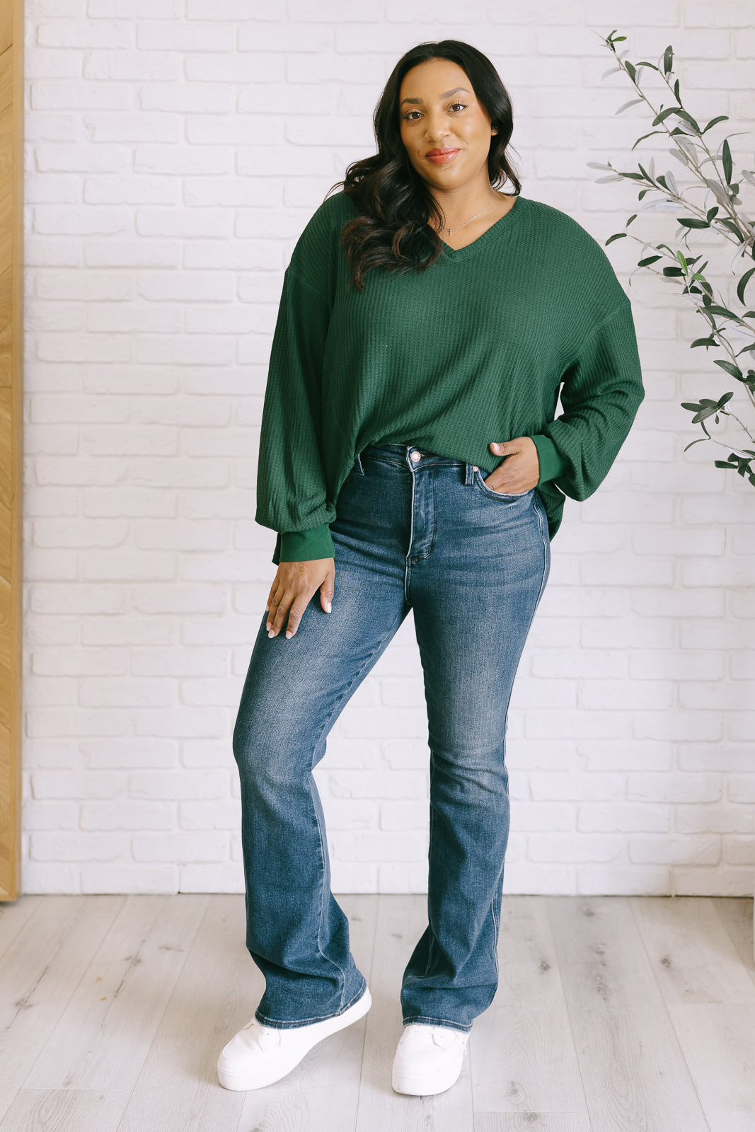 Long Sleeve V-Neck Waffle Top - Green - Inspired Eye Boutique