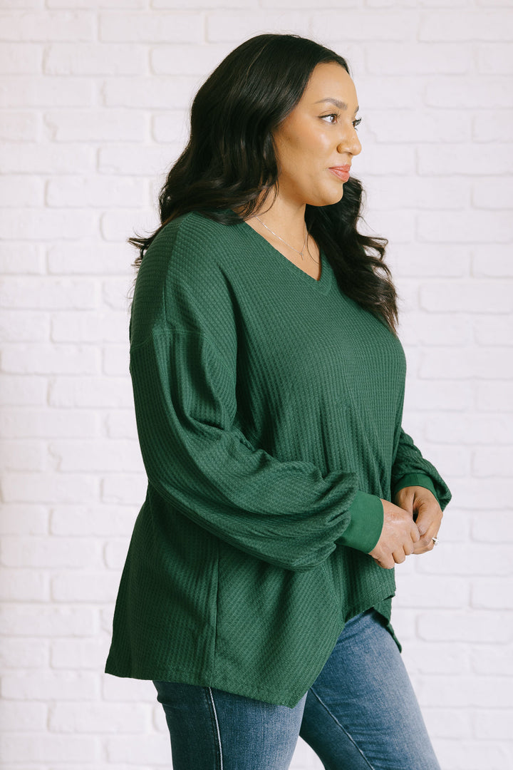 Long Sleeve V-Neck Waffle Top - Green - Inspired Eye Boutique