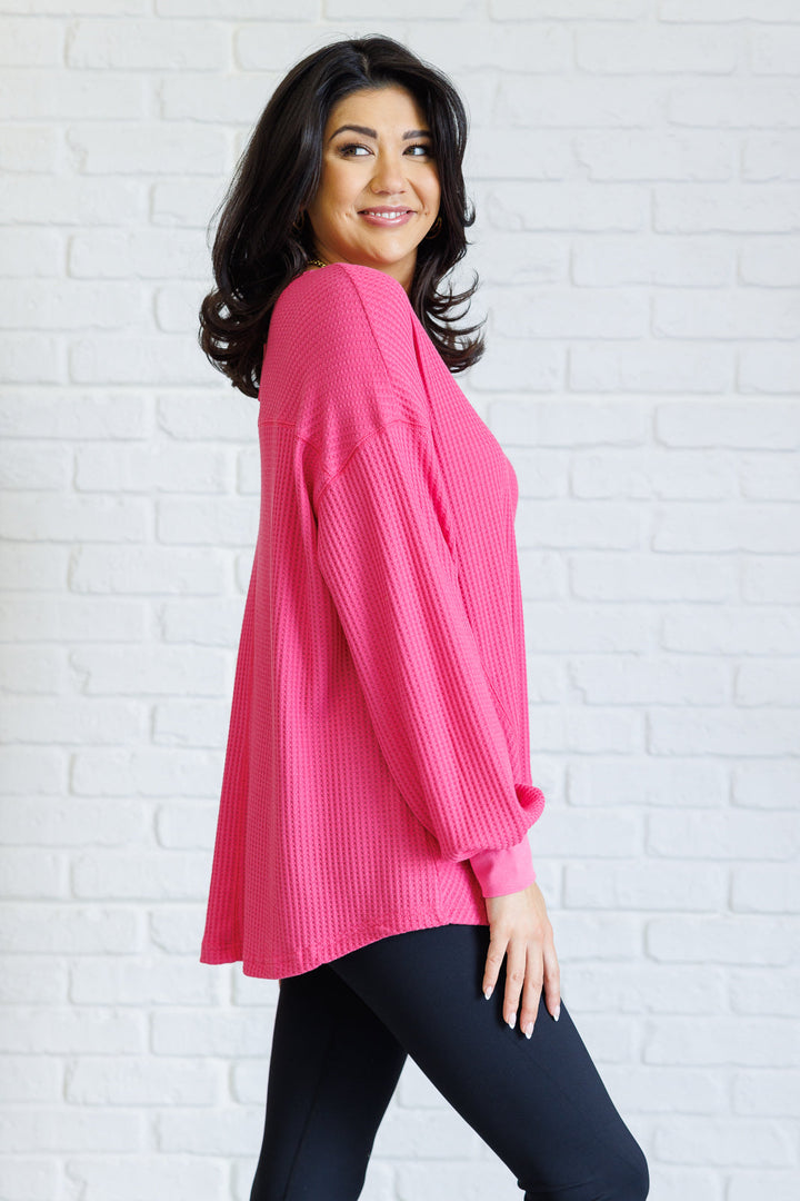 Long Sleeve V-Neck Waffle Top - Pink - Inspired Eye Boutique