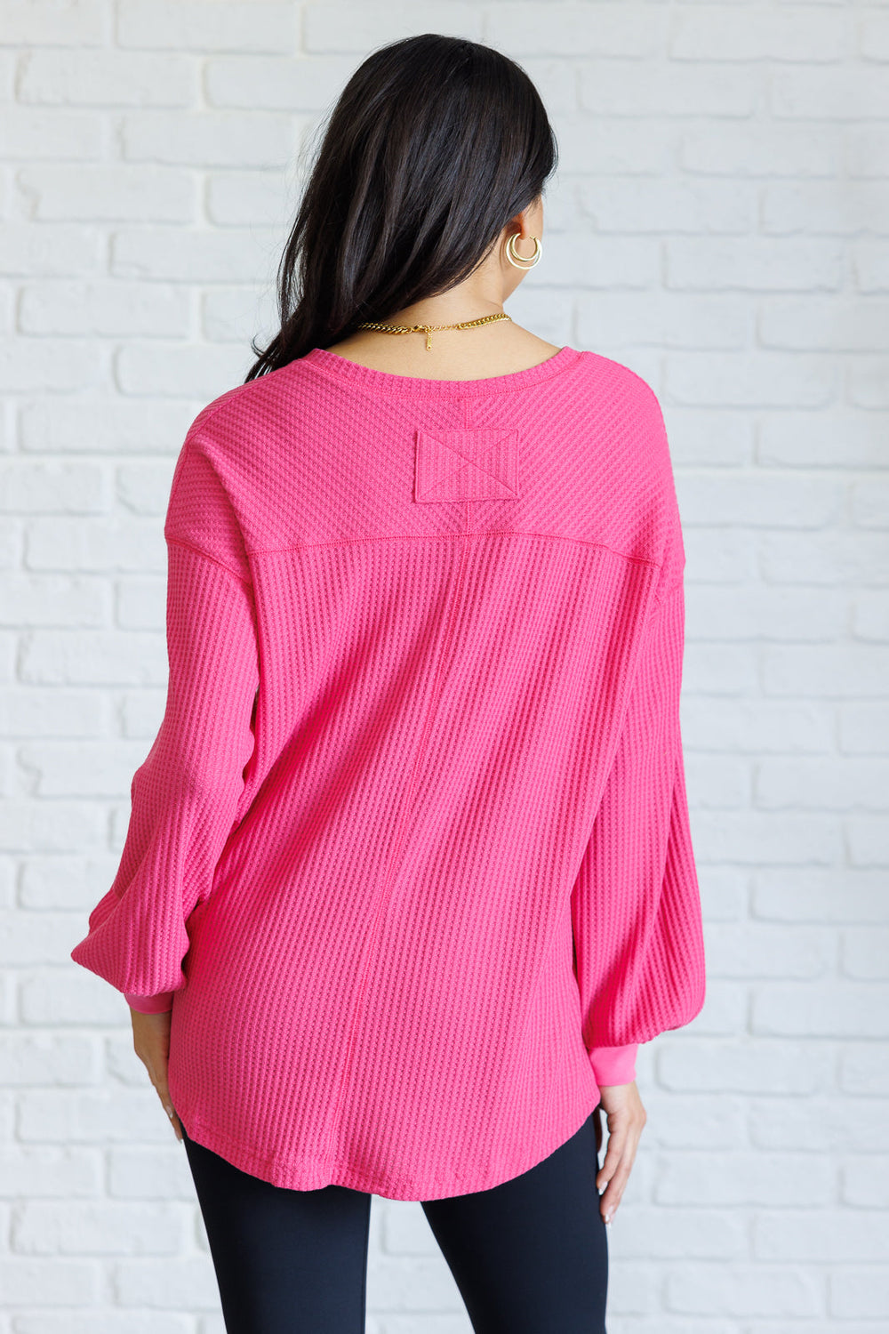 Long Sleeve V-Neck Waffle Top - Pink - Inspired Eye Boutique