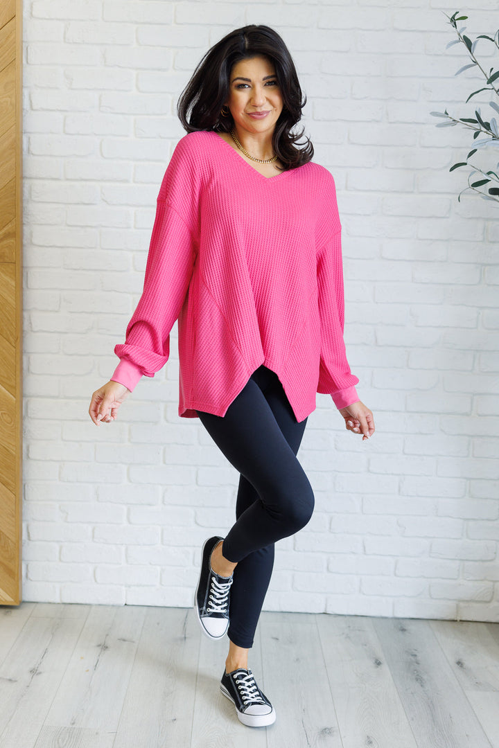 Long Sleeve V-Neck Waffle Top - Pink - Inspired Eye Boutique