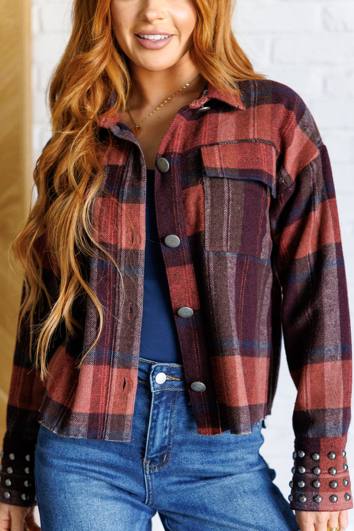 Maroon Plaid Studded Shacket - Inspired Eye Boutique